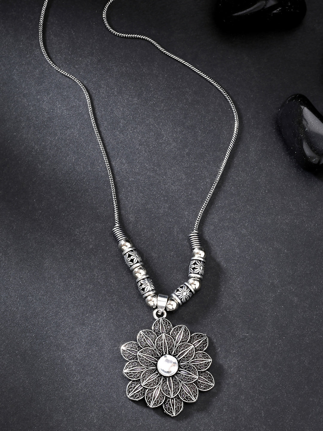 NVR Women's Silver-Toned Decent Floral Shape Pendant with Chain | Grocsy