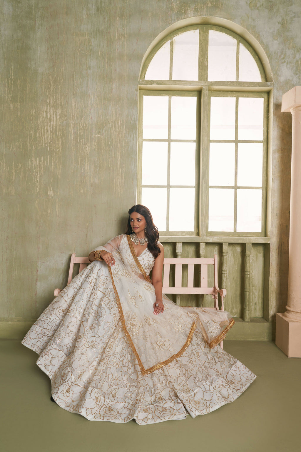 Eilara Off White Net Embroidered, Sequins And Thread Work A - Line Lehenga Choli For Engagement | Grocsy
