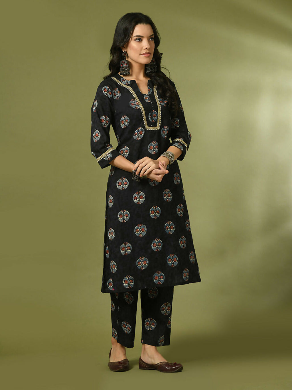 Myshka Women's Black Printed Cotton Straight Party Kurta Set | Grocsy