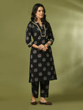 Myshka Women's Black Printed Cotton Straight Party Kurta Set | Grocsy