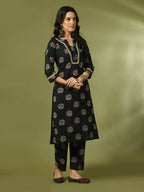 Myshka Women's Black Printed Cotton Straight Party Kurta Set | Grocsy