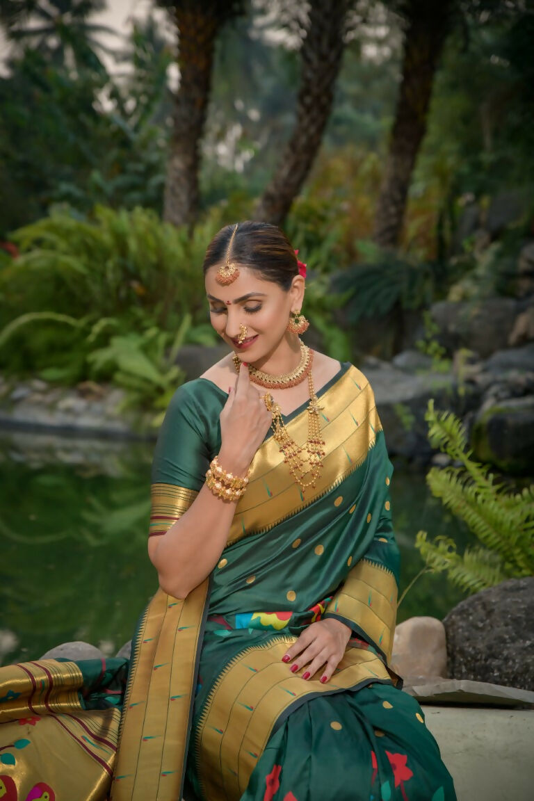 Jyoti Fashion Women's Bottle Green Paithani Silk Zari Woven Saree with Blouse | Grocsy