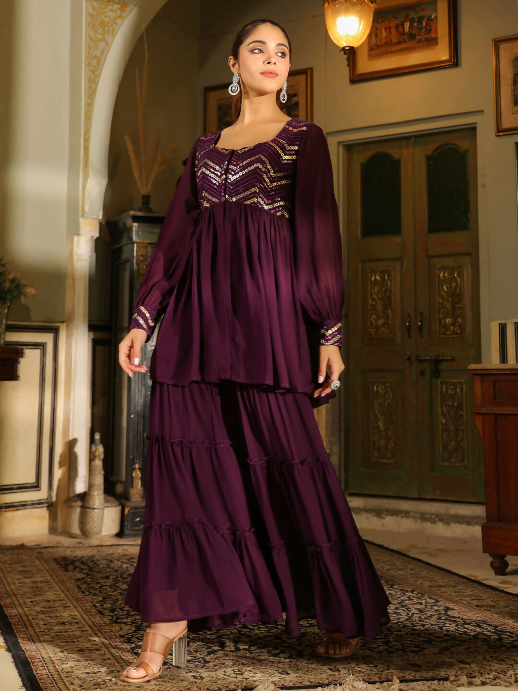 Janasya Purple Georgette Sequined Tunic & Bottom | Grocsy