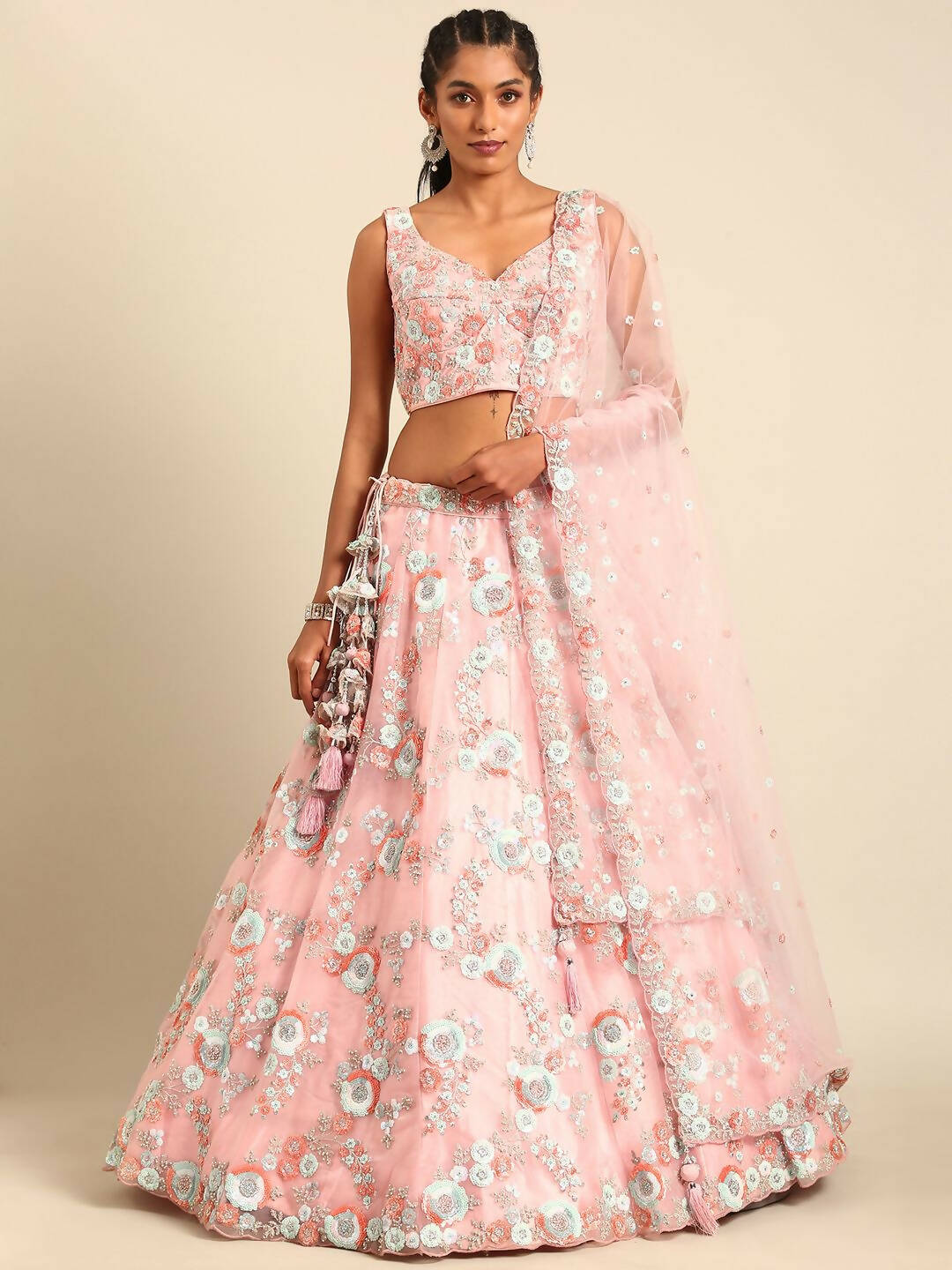 House of Panchhi Pink Net Sequins and Zarkan embroidery Lehenga choli & Dupatta | Grocsy