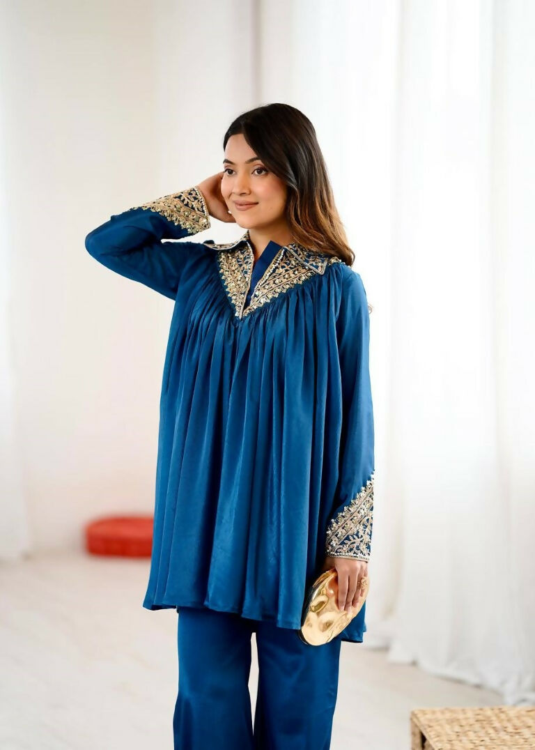 Teeya Creation Blue Heavy Chinnon Silk Embroidery Work Plazo pair | Grocsy