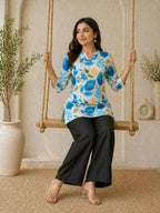Teeya Creation New Latest Women White Blue Leaf Printed Cotton Kurti with Black Palazzo Set | Grocsy