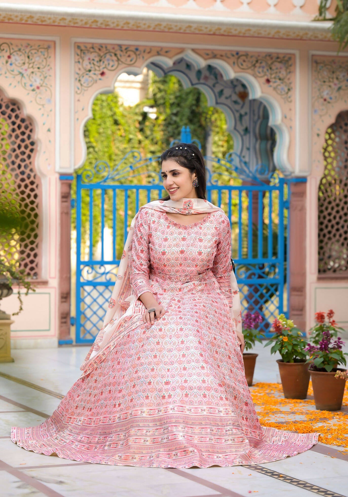 Functional Designer Off White-Light Pink Dola Silk Anarkali suit with Dupatta - Ramya | Grocsy
