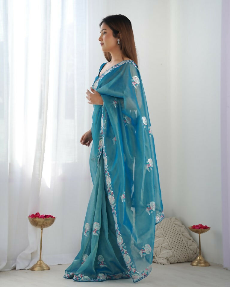 Teal Blue Gold Twill Net Multy Thread, Sequance Embroidery Work Saree - Kriti | Grocsy
