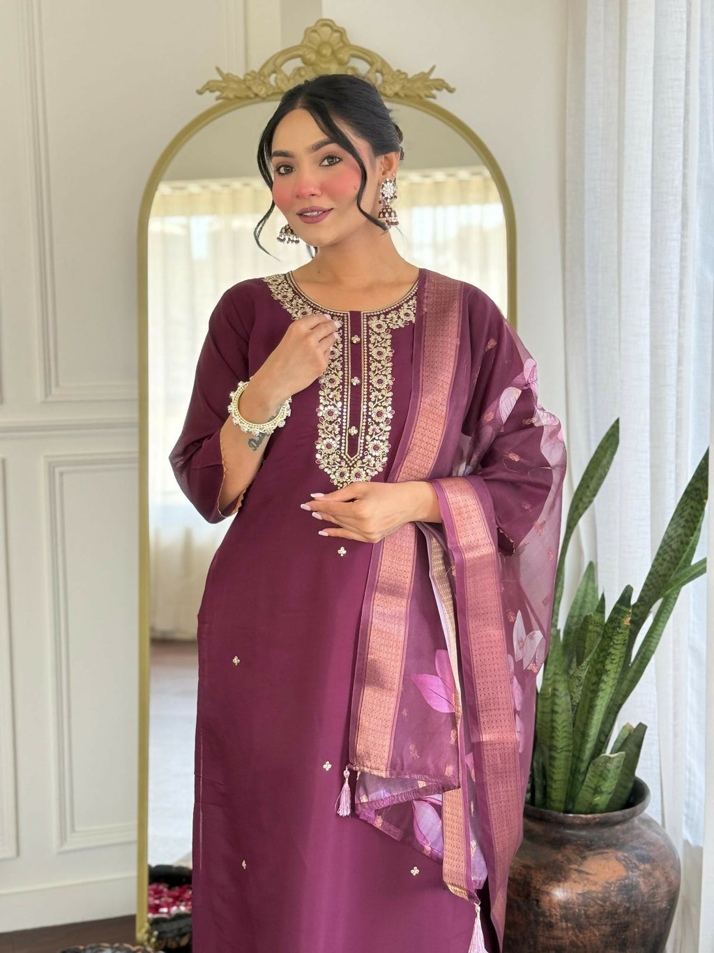 The52 Wine Women's Gorgeous Rayon Fabric Embroidered Work Straight Kurta Pant and Dupatta Set | Grocsy