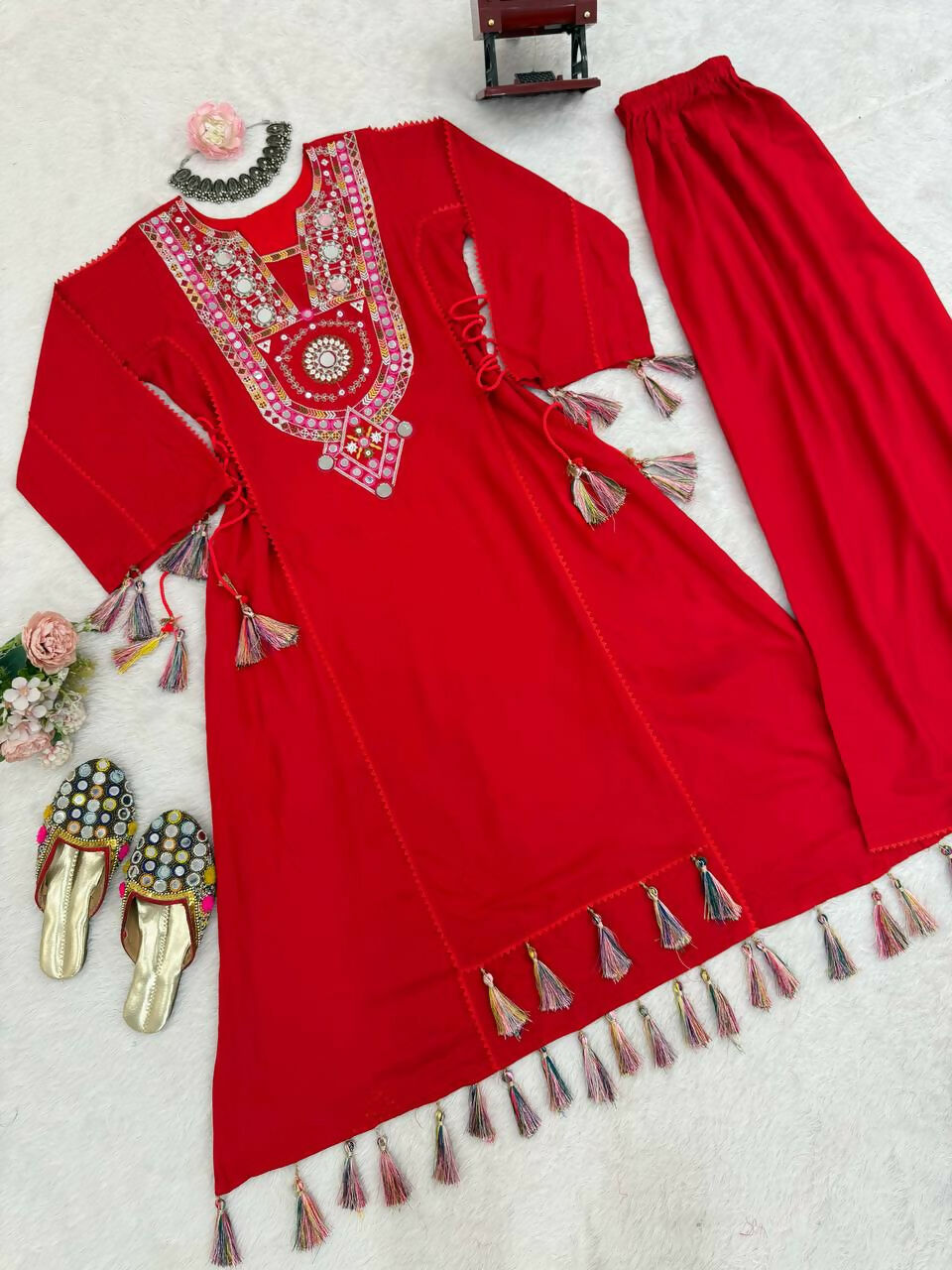 The52 Women's Gorgeous Rayon Fabric Thread Work Straight Kurta Palazzo Set | Grocsy