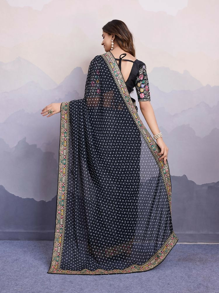 Black Georgette Bandhani Printed,Embroidery Work Saree - Surkhi | Grocsy