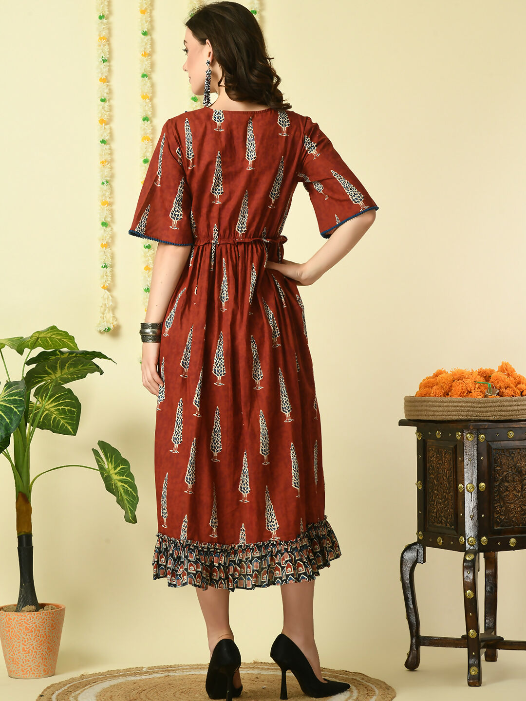 Myshka Women's Rust Printed Cotton Party Dress | Grocsy