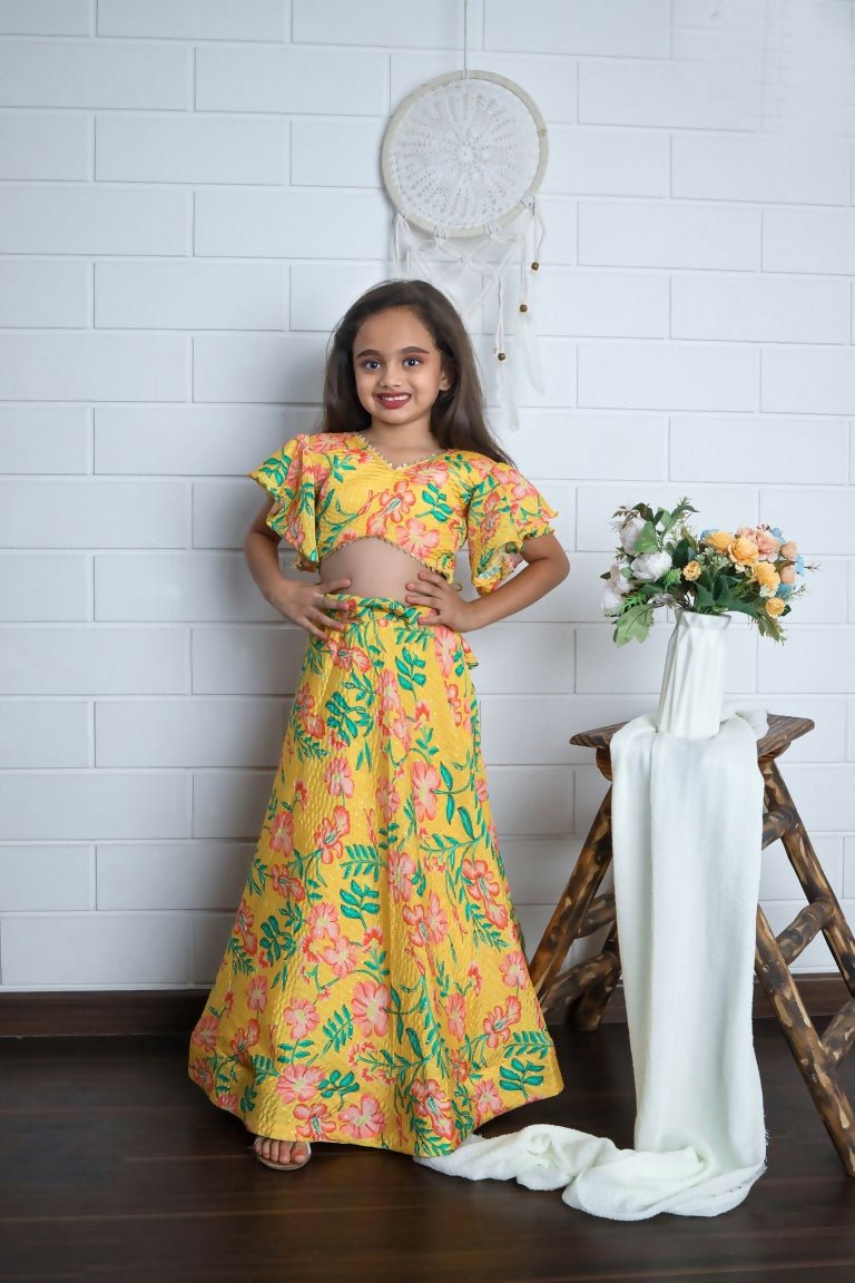 Aayaa Designer Printed Chinon Crochet Sequance Kids Lehenga Choli - Yellow | Grocsy