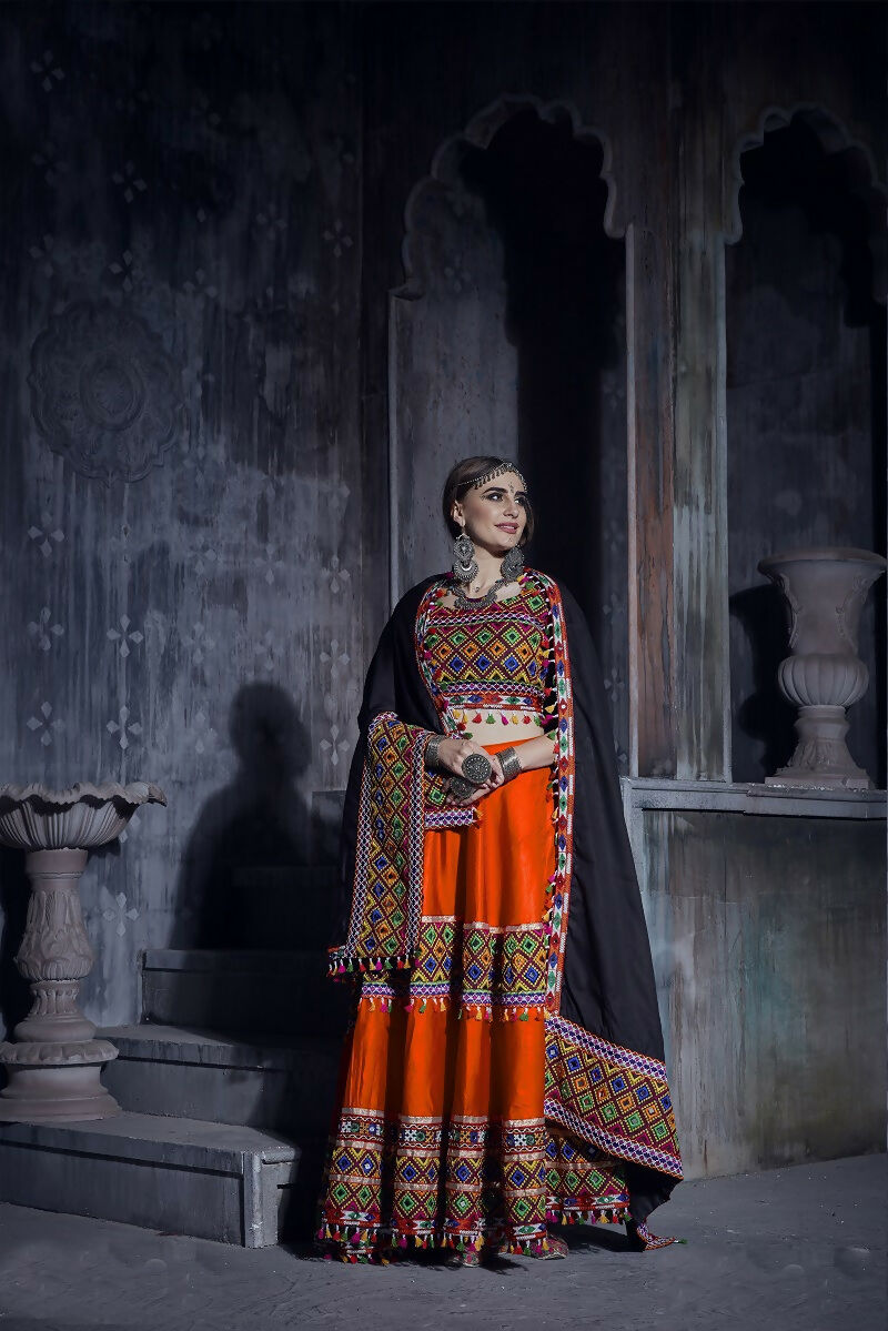 AI Fashion Orange Art Silk Designer Navratri Lehenga Choli Collection | Grocsy