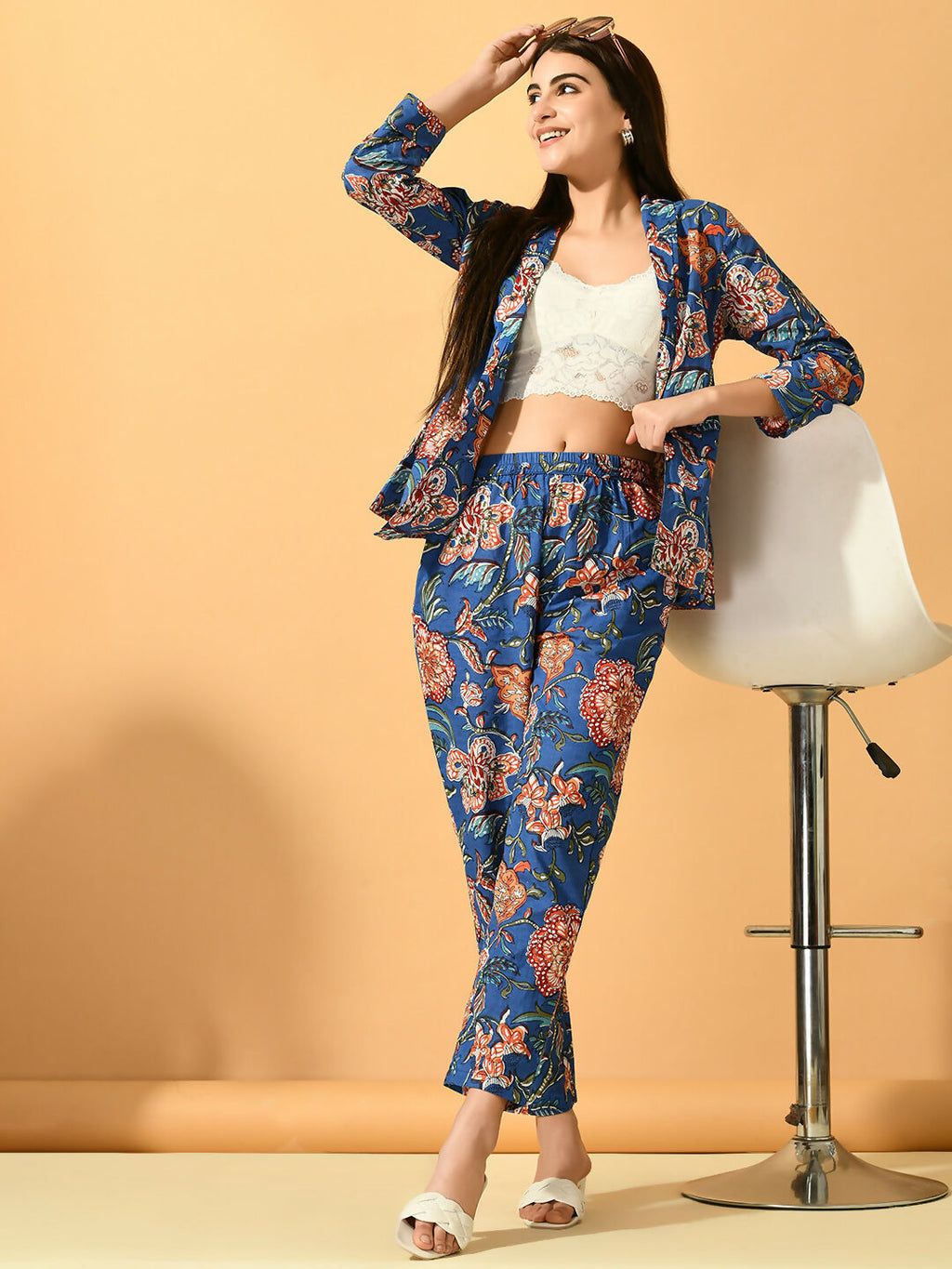 Myshka Women's Blue Printed Coat With Trousers | Grocsy