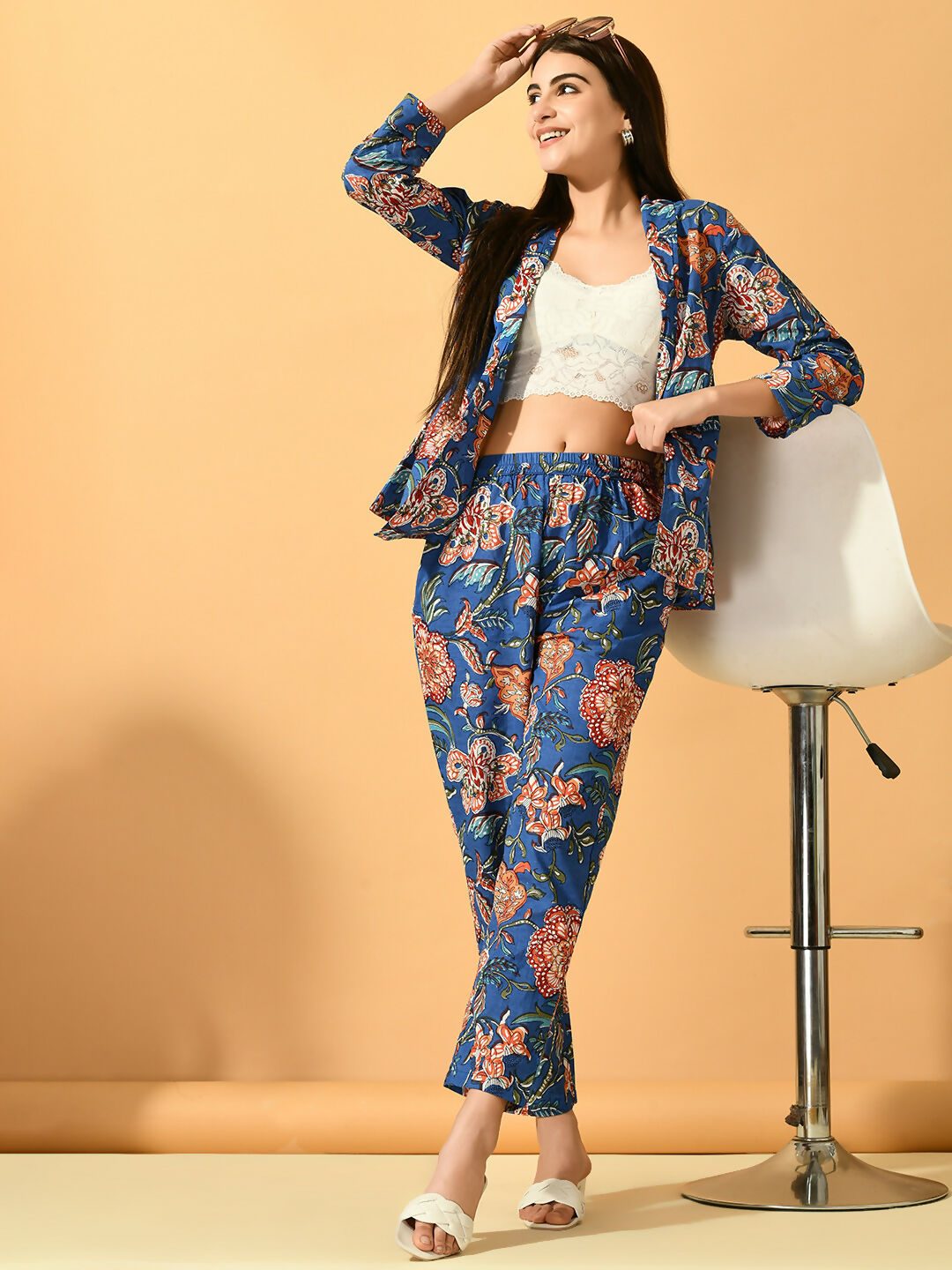 Myshka Women's Blue Printed Coat With Trousers | Grocsy