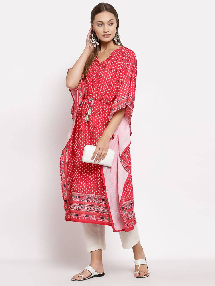 Myshka Women's Red Cotton Printed 3/4 Sleeve V Neck Casual Kaftan | Grocsy