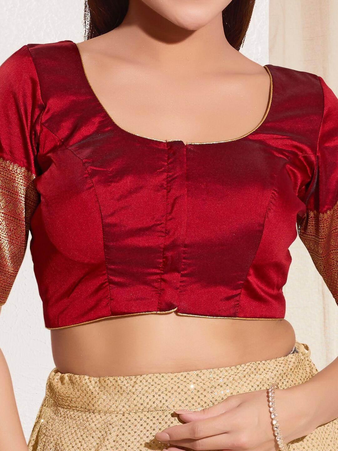 Joban Fashion Maroon Taffeta Silk Padded Blouse With Round Neck Elbow Sleeves | Grocsy