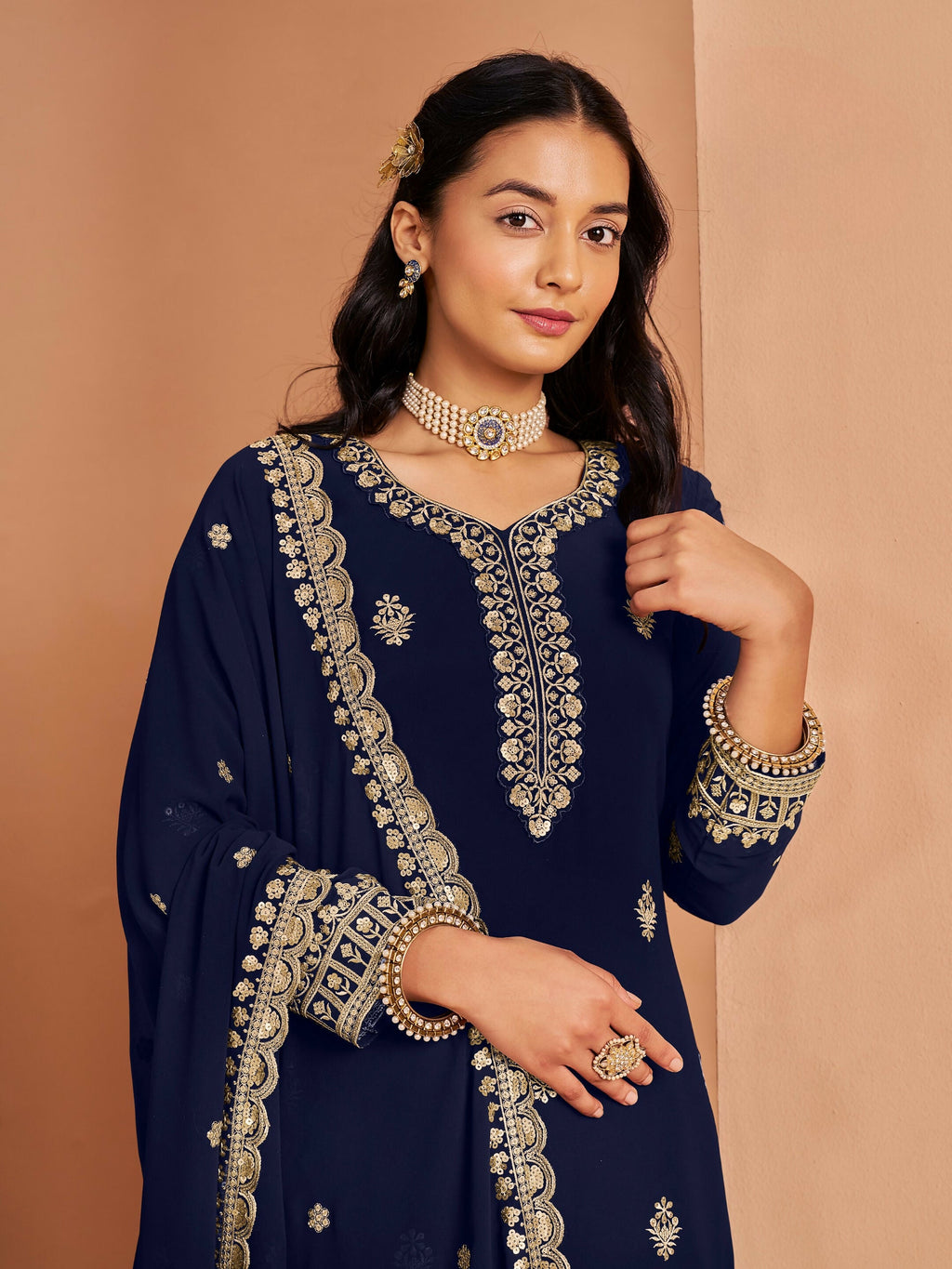 Anaita Navy Blue Premium Georgette Embroidered Stitched Salwar Suit | Grocsy
