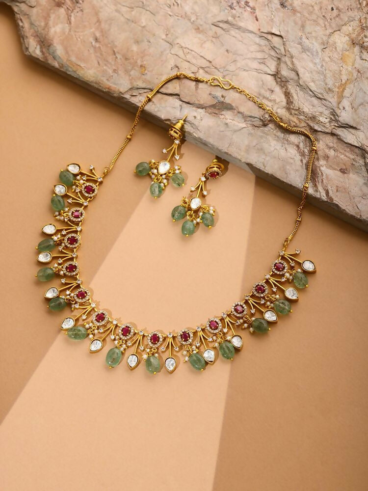 Natural Stones Antique Finish Earrings and Choker Necklace set - Ruby Raang | Grocsy