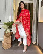 The52 White Women's Beautiful Chanderi Jacquard Fabric Embroidered Work Straight Kurta Pant and Dupatta Set | Grocsy