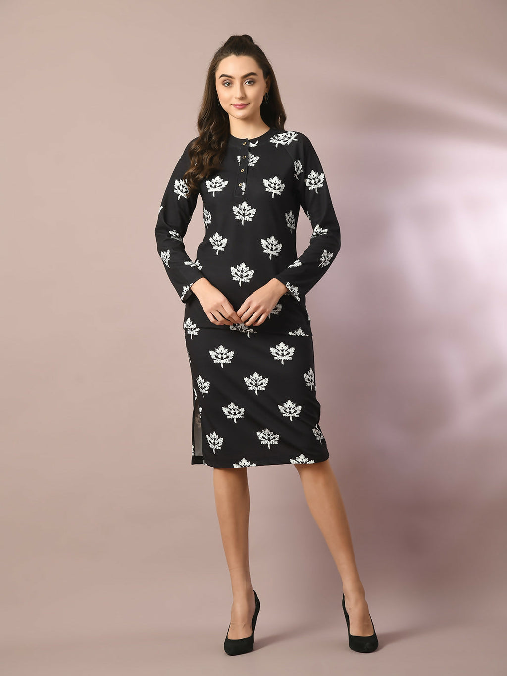 Myshka Women's Black Printed Knee Length Party Embellished Skirts | Grocsy