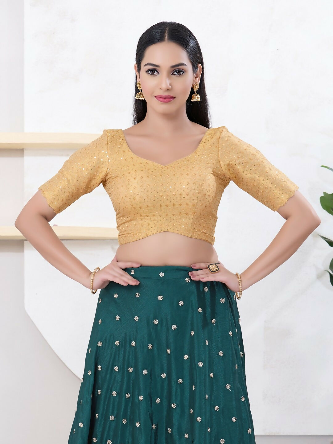 Joban Fashion Gold Tissue Elbow Sleeveless Back Open Blouse | Grocsy
