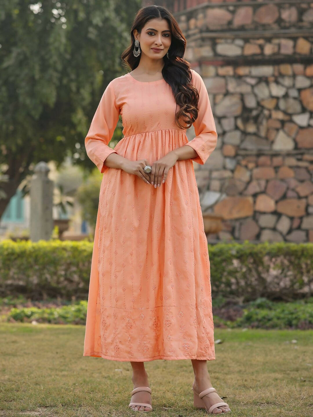 Juniper Women's Peach Festive Embroiderd Flared Dress | Grocsy