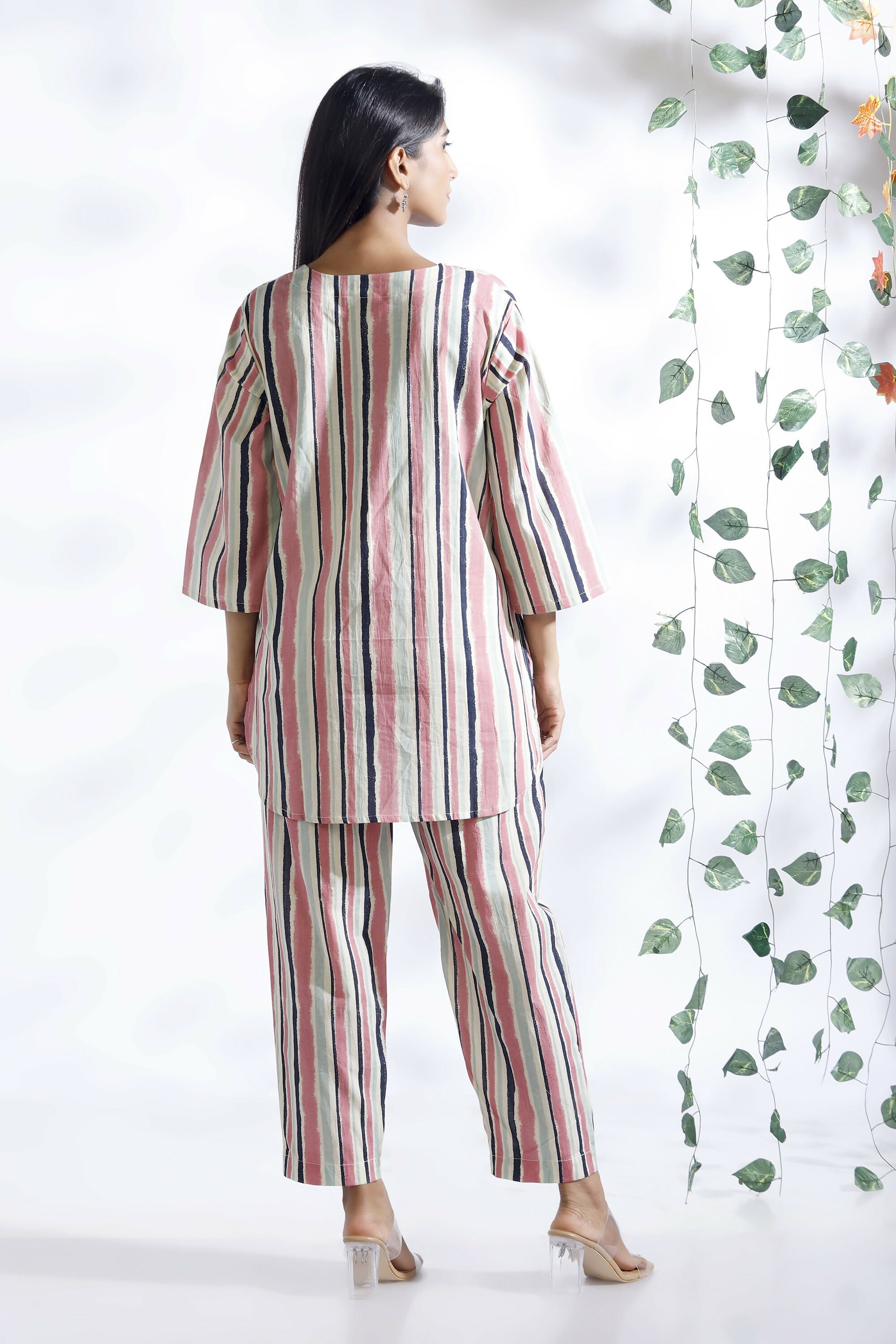 Breathables Women’S Pink Cotton Stripes Loungewear Co-Ord Set | Grocsy