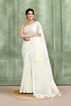 Piyari Fashion Women's White Embellished Cotton Blend Zari Check Handloom Saree | Grocsy