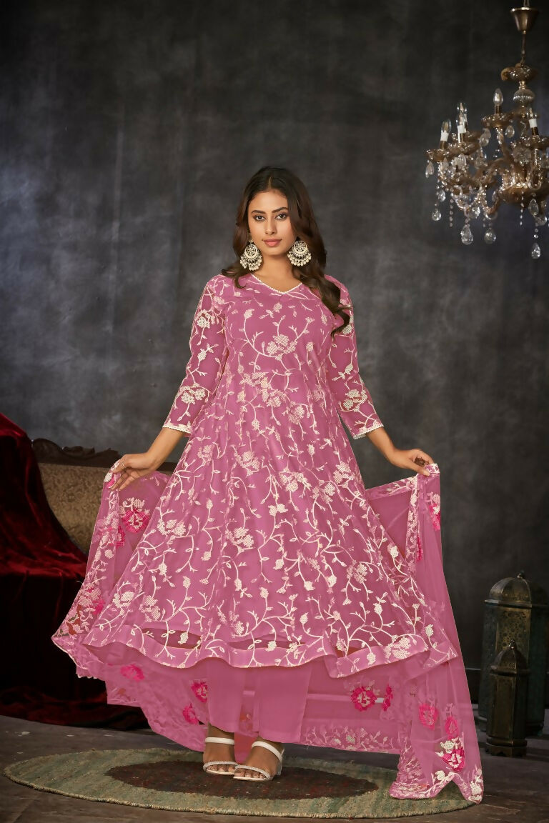 Jyoti Fashion Women's Pink Net Embroidered Anarkali Kurta Pant Set With Dupatta | Grocsy