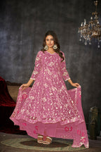 Jyoti Fashion Women's Pink Net Embroidered Anarkali Kurta Pant Set With Dupatta | Grocsy