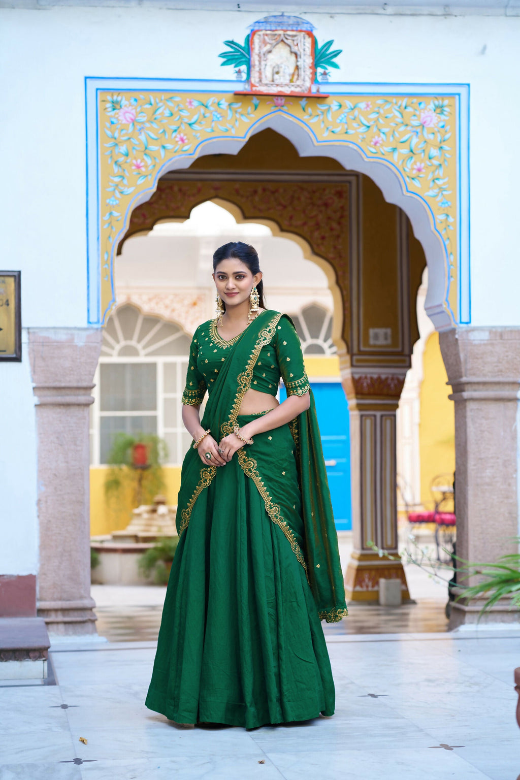 Lorenvalley Fashion Green NC Silk Plain Lehenga Embroidery Work Choli with Dupatta | Grocsy