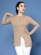 Women Self Design Camel Brown Acrylic Winter Cardigan - Wool Trees | Grocsy