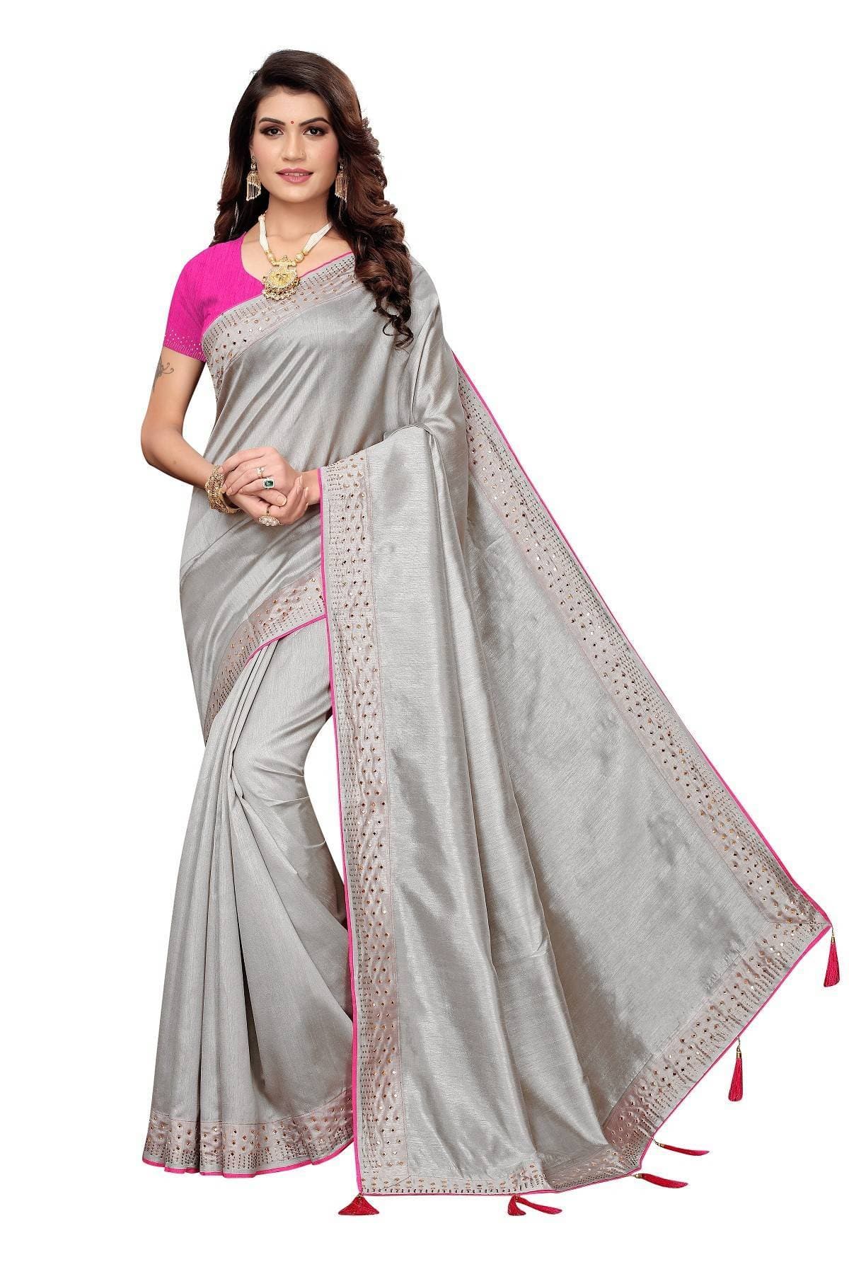 Vamika Grey Zoya Silk Stone Work Saree | Grocsy