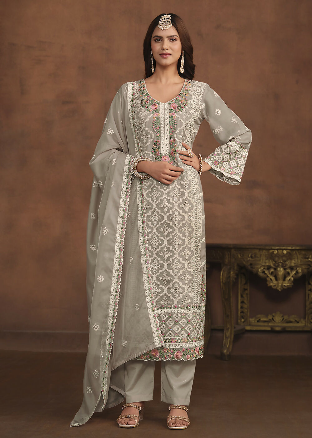 Slate Grey Soft Organza Embroidered Festive Salwar Suit - Emponline | Grocsy