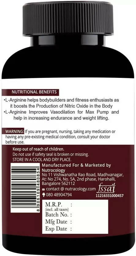 Nutracology L Arginine 1000mg Nitric Oxider Booster For Muscle Gain & Strength Capsules | Grocsy