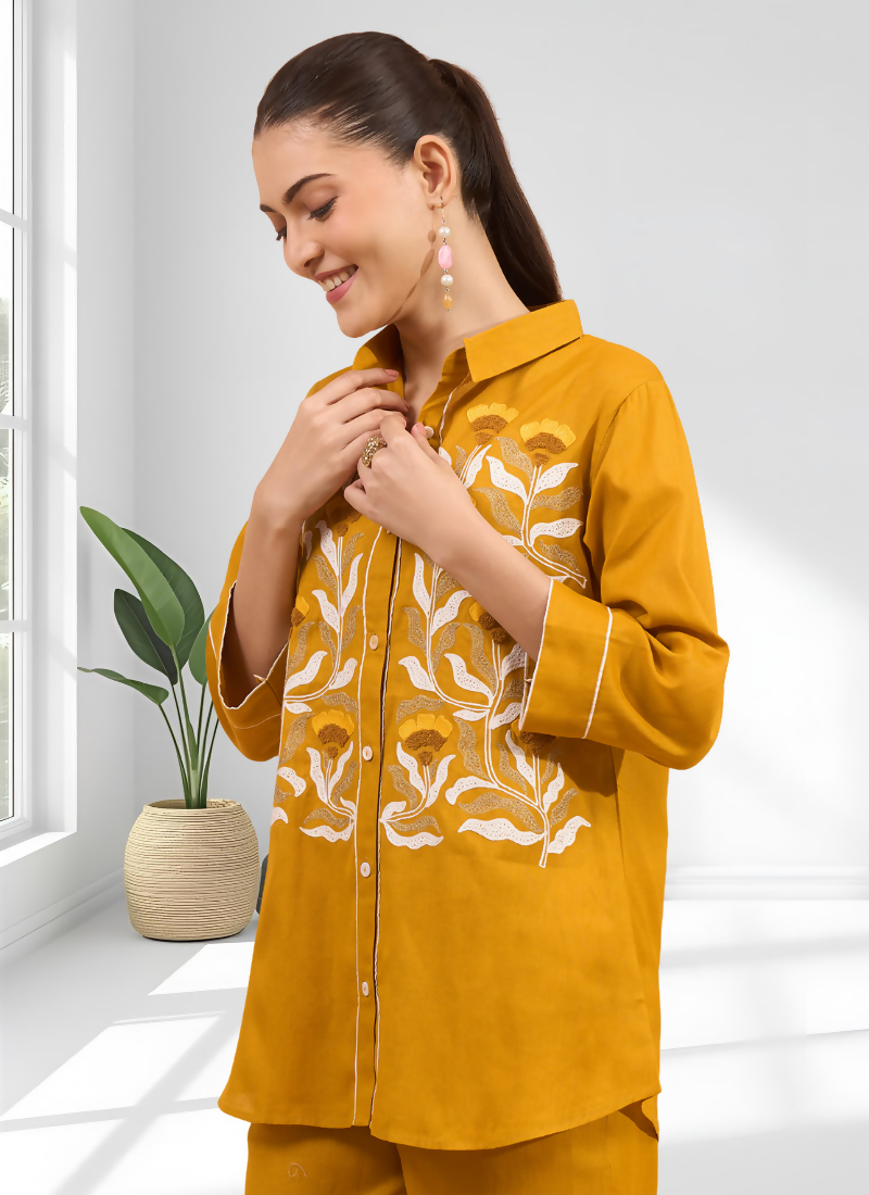 Joban Fashion Mustard Cotton, Linen Embroidered Readymade Cord Set | Grocsy