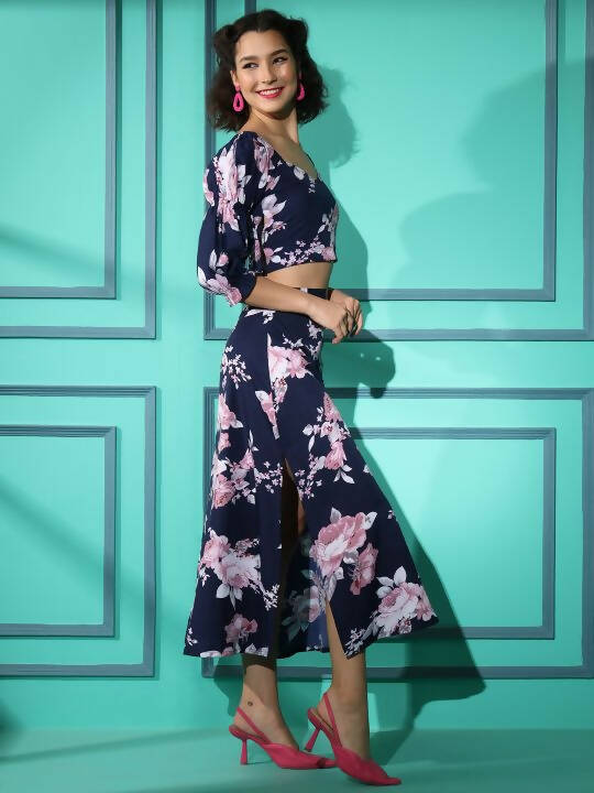Blue Crepe Floral Printed Top with Matching Skirt - Shivani | Grocsy