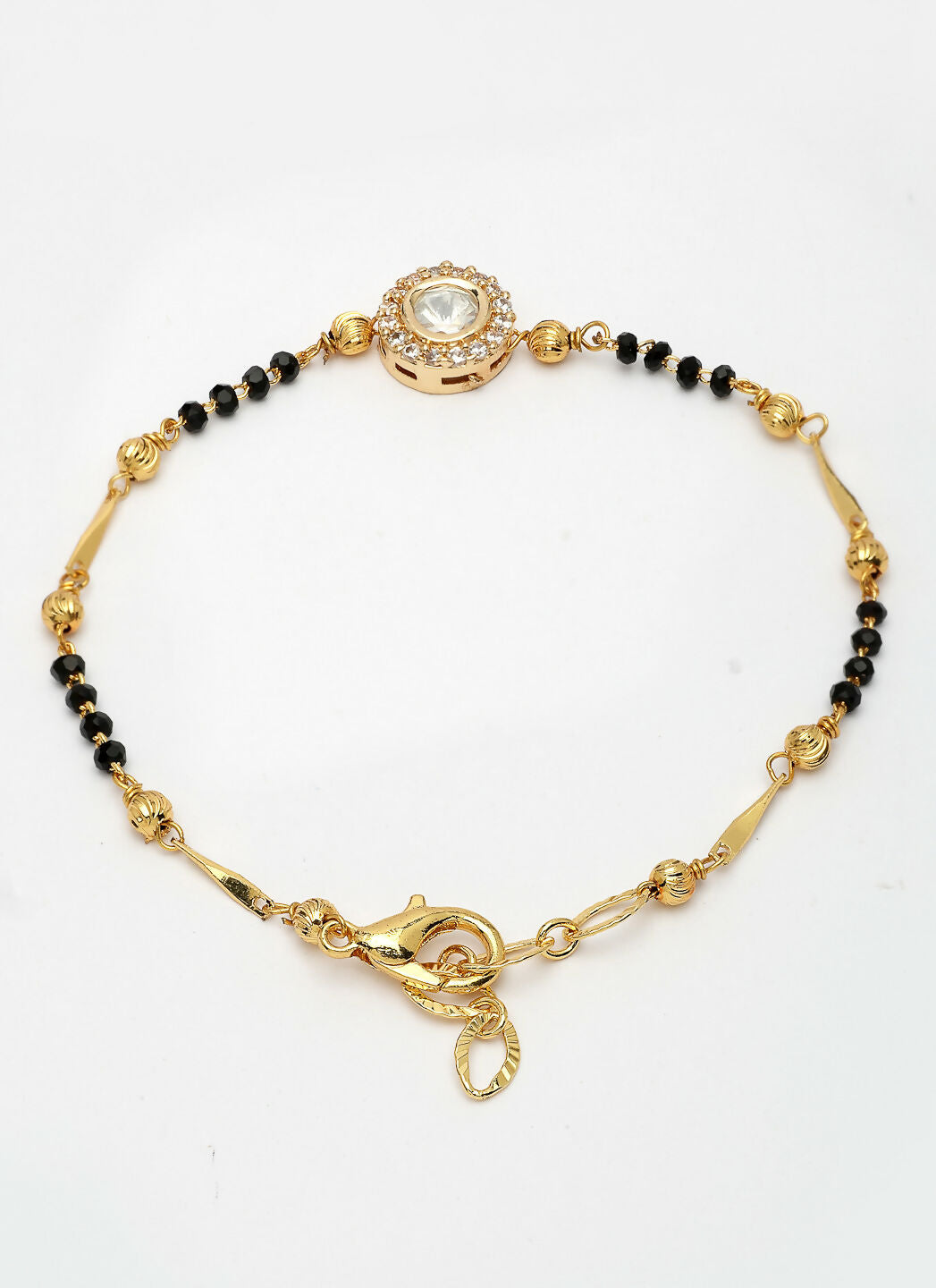 NVR Women Gold-Polished & Black Brass AD-Studded Hand Mangalsutra Link Bracelet