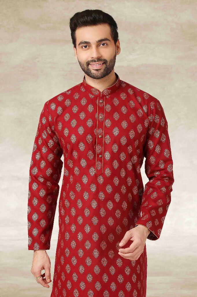 Raivat Ethnic Cotton Printed Work Kurta Pajama In Maroon Colour | Grocsy