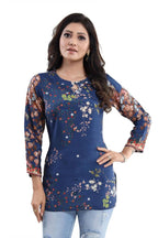 Snehal Creations Blend Well Beautiful Blue Faux Crepe Printed Tunic Top | Grocsy