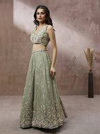 House of Panchhi Lime Green Pure Georgette Sequins with heavy Zarkan embroidery Lehenga choli & Dupatta | Grocsy