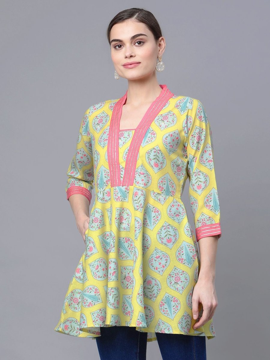 Ahalyaa Women Cotton Blend Lemon Yellow Digital Printed Tunic | Grocsy