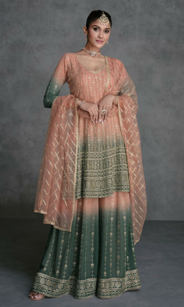 Vastranavya Peach Embroidered Sequins Pakistani Palazzo Suit Party Wear | Grocsy