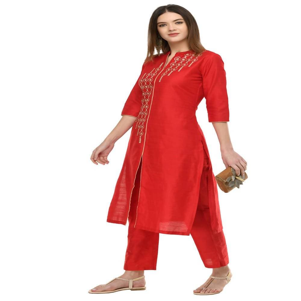 Lagi Women's Red Poly silk Straight Embroidred Kurta Pant (RO115B) | Grocsy
