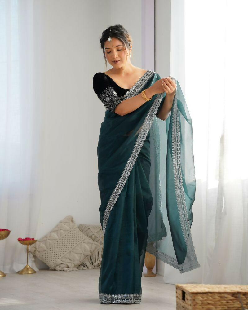 Attrctive Looking Gold Jari, Sequance Embroidery Work Twill Net Party Wear Saree - Rama | Grocsy