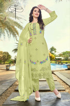 Jyoti Fashion Women's Pista Green Faux Georgette Heavy Embroidery and Moti Work Kurta Set | Grocsy