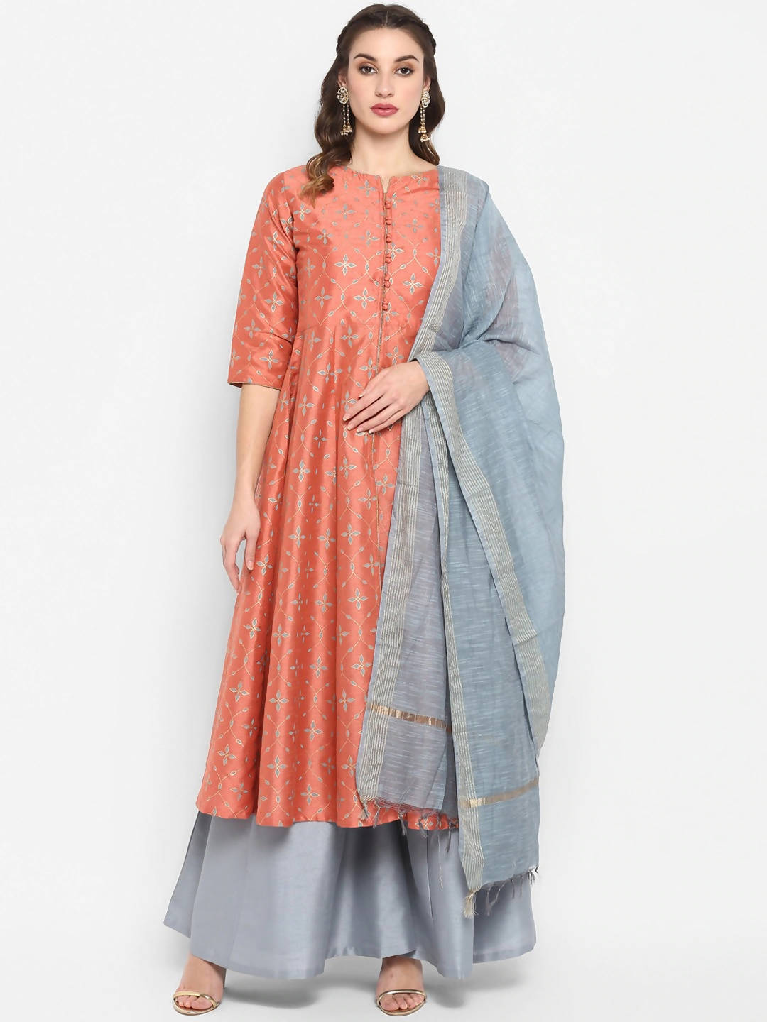 Janasya Women Peach & Grey Floral Print Anarkali Kurta with Palazzos & Dupatta | Grocsy