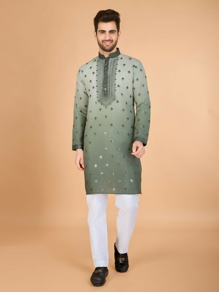 Vastranavya Ombre Green Premium Viscose Silk Thread & Sequence Embroidery work Kurta | Grocsy